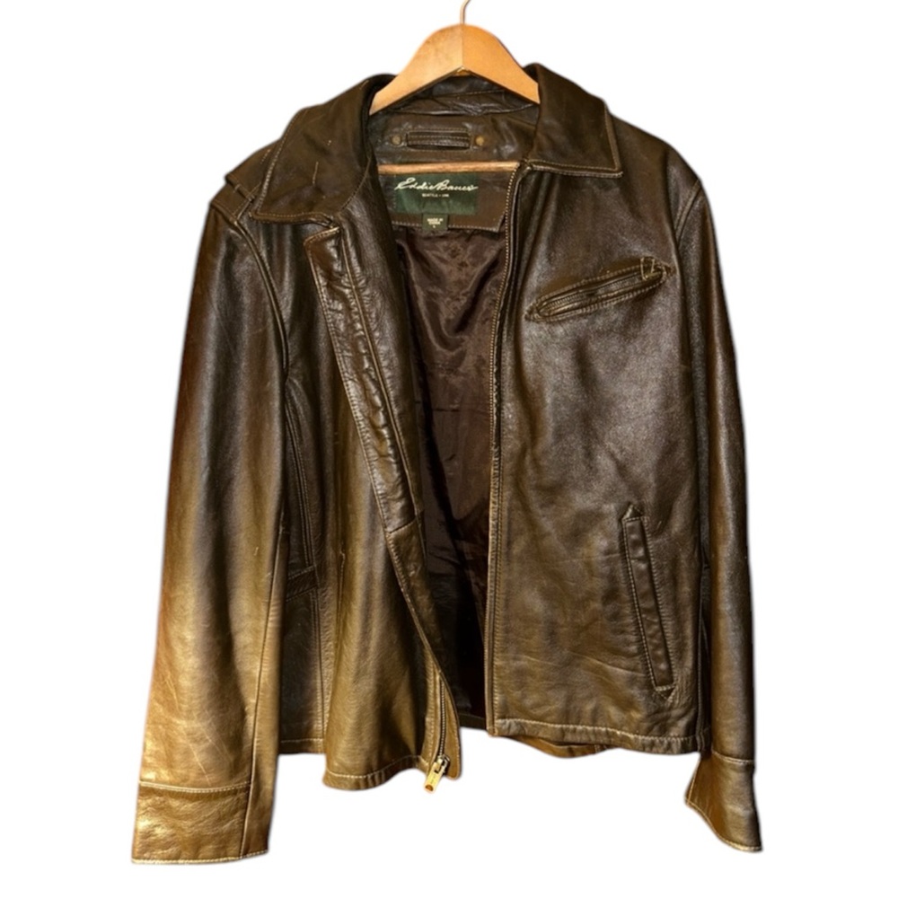 Eddie Bauer Men’s Large Brown Y2K Leather Bomber Jacket